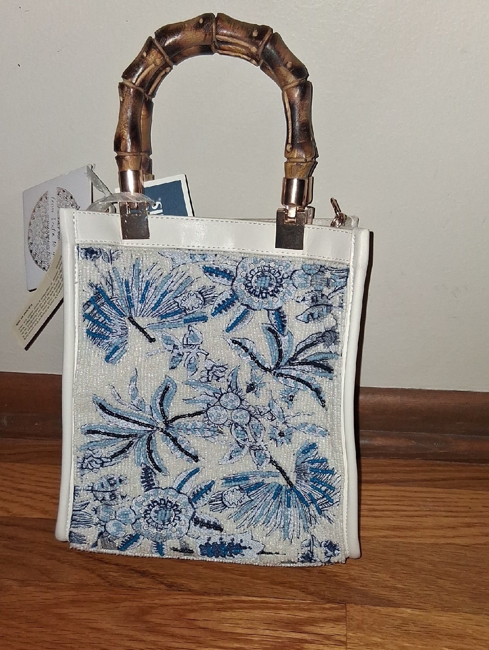 NWT Viral White & Blue Floral Embroidered Beaded Tote with Bamboo Top Handle